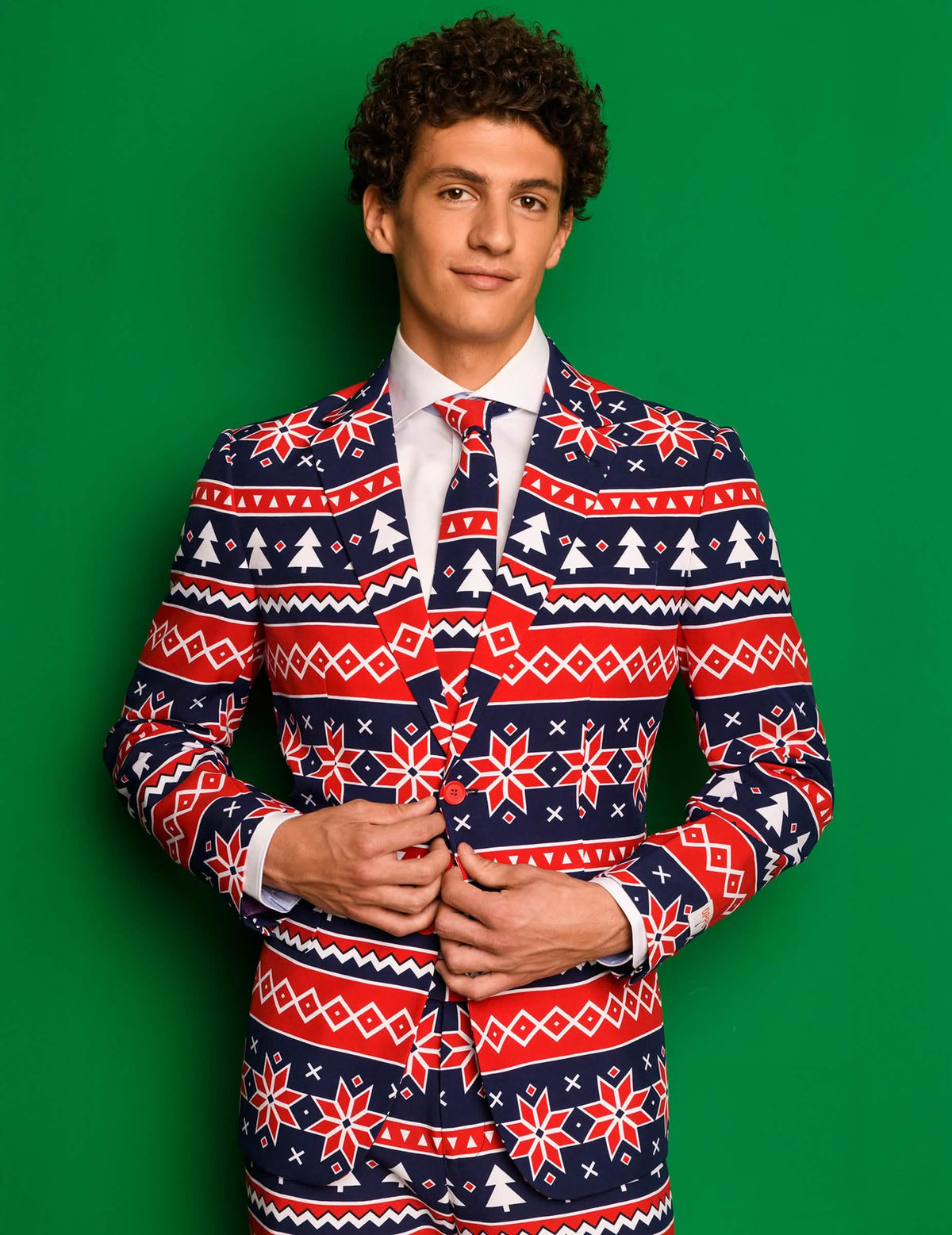 Fato Mr. Nordic Xmas para homem azul e vermelho com padrões escandinavos