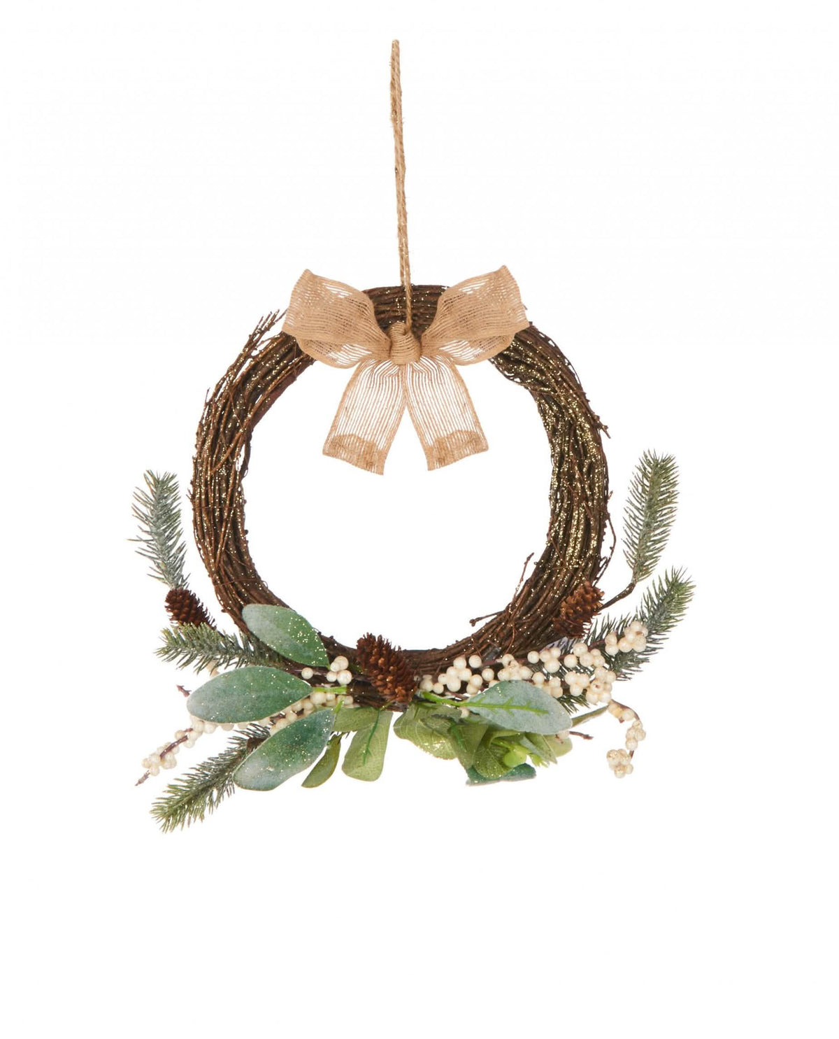 Coroa natural para pendurar em eucalipto com pequeno laço castanho e bagas brancas