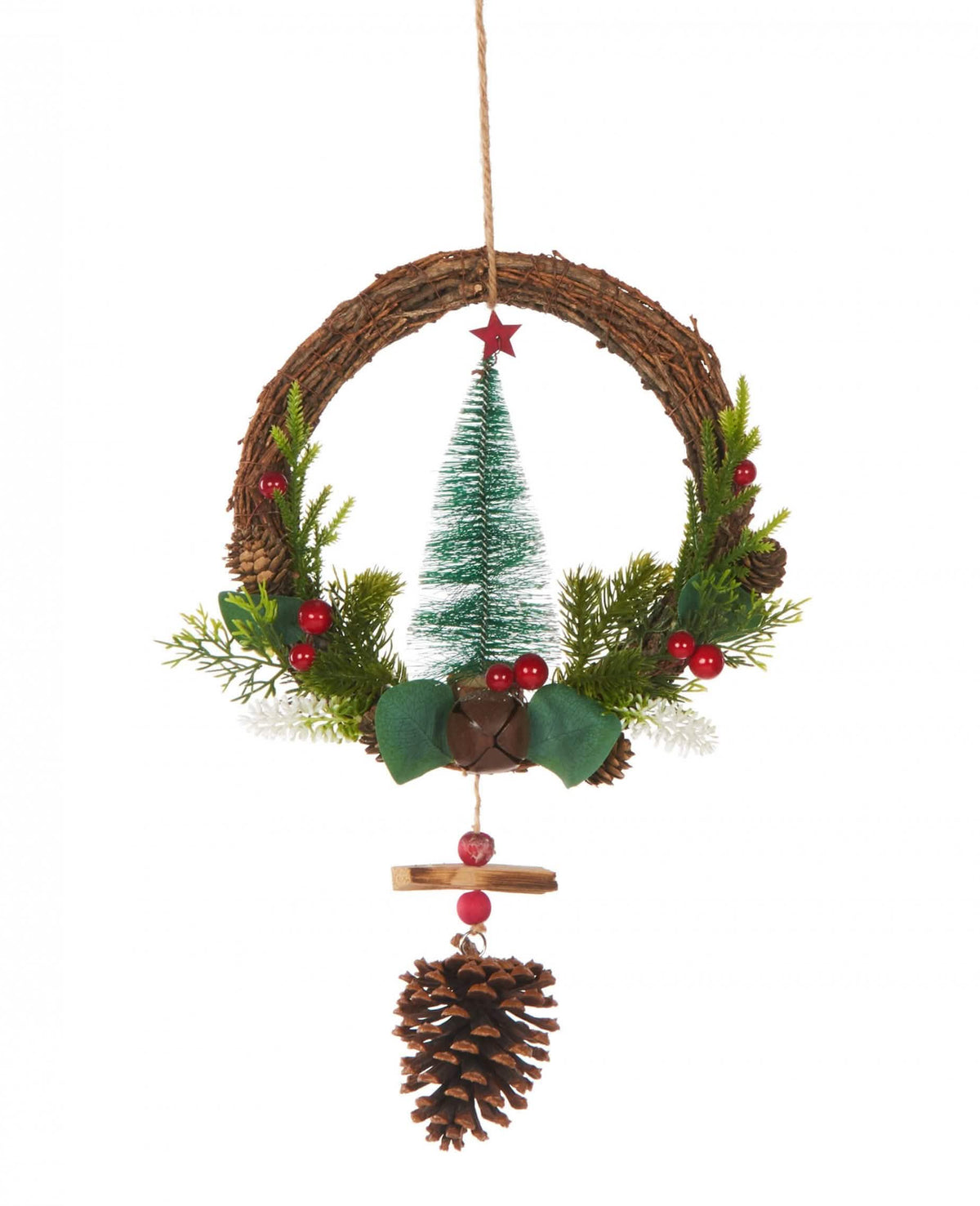 Coroa suspensa tradicional para árvore de natal e pinhas para decoração de natal verde castanho e vermelho
