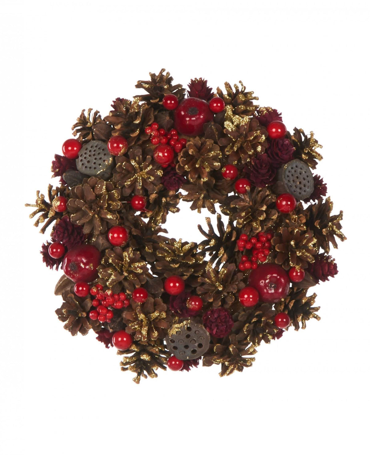 Coroa de natal com bagas vermelhas e pinhas para decoração vermelha e dourada