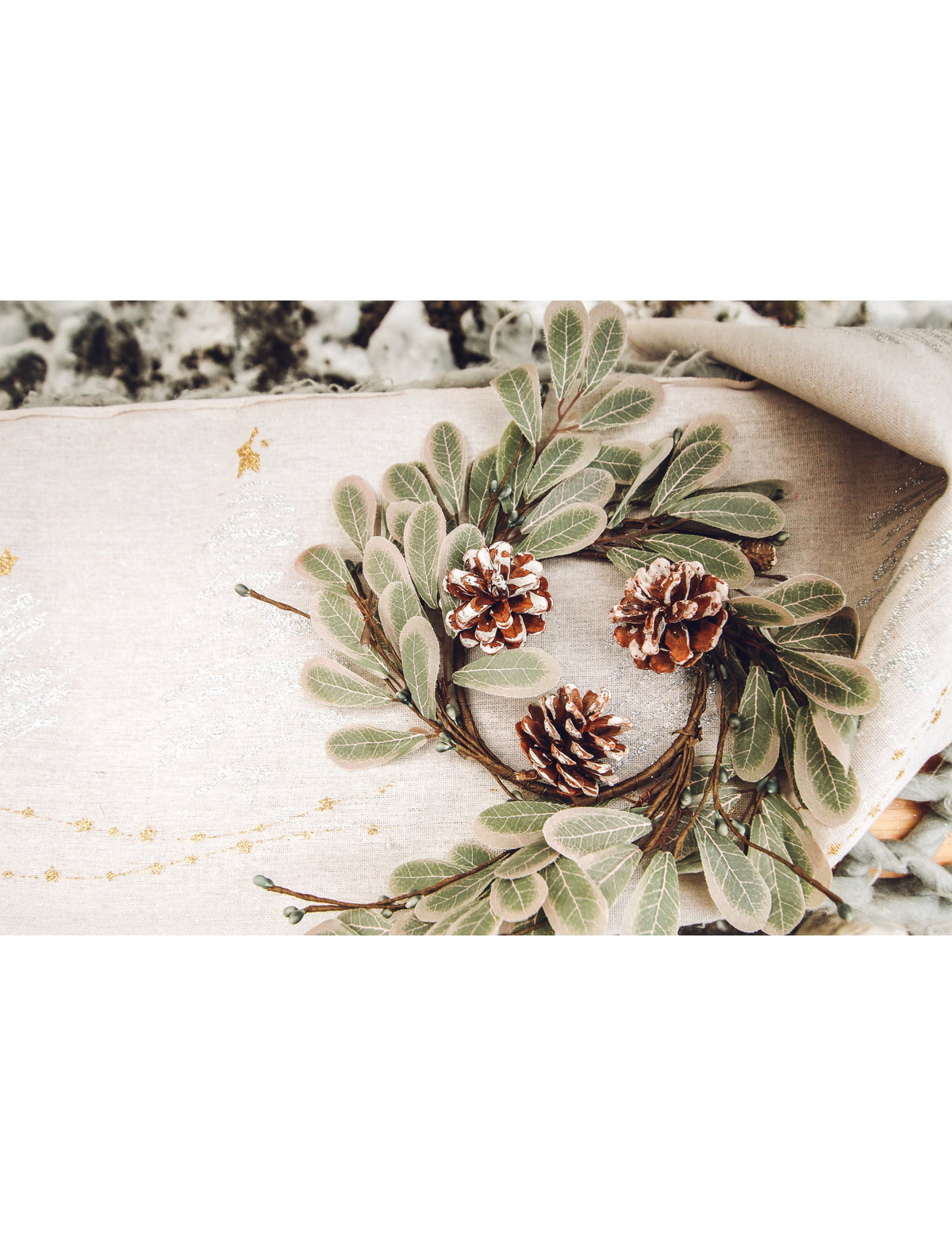 Gros plan sur les feuilles et pommes de pin de la couronne de Noël eucalyptus et pommes de pin