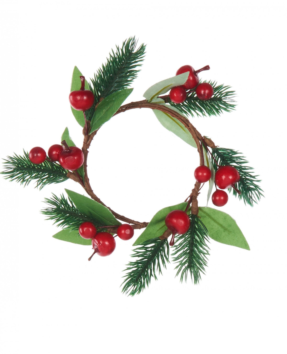 Coroa de natal com pinheiro e bagas vermelhas para centro de mesa verde e vermelho