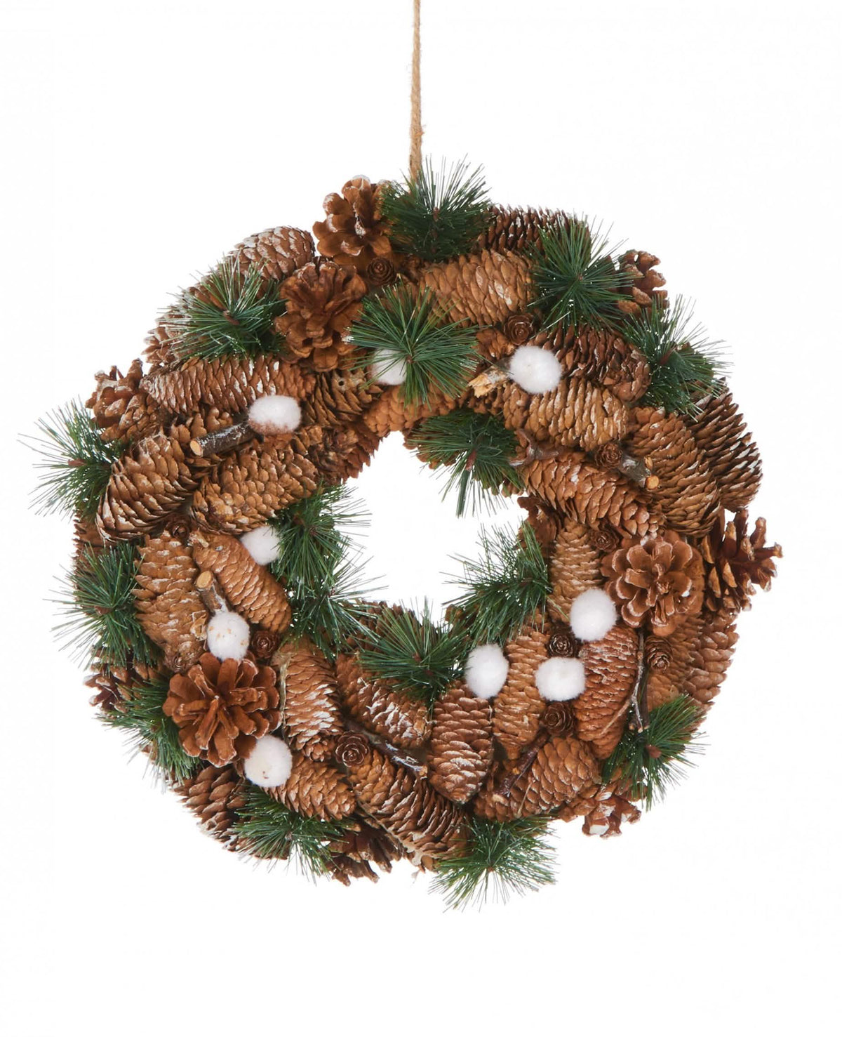 Coroa de pinhas natural e algodão para decoração castanho e branco