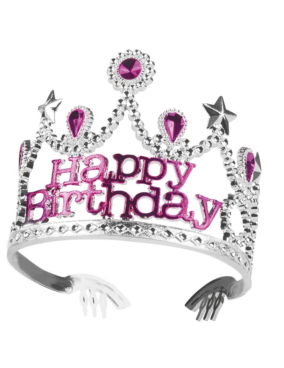 Vista frontal da coroa Happy Birthday para menina