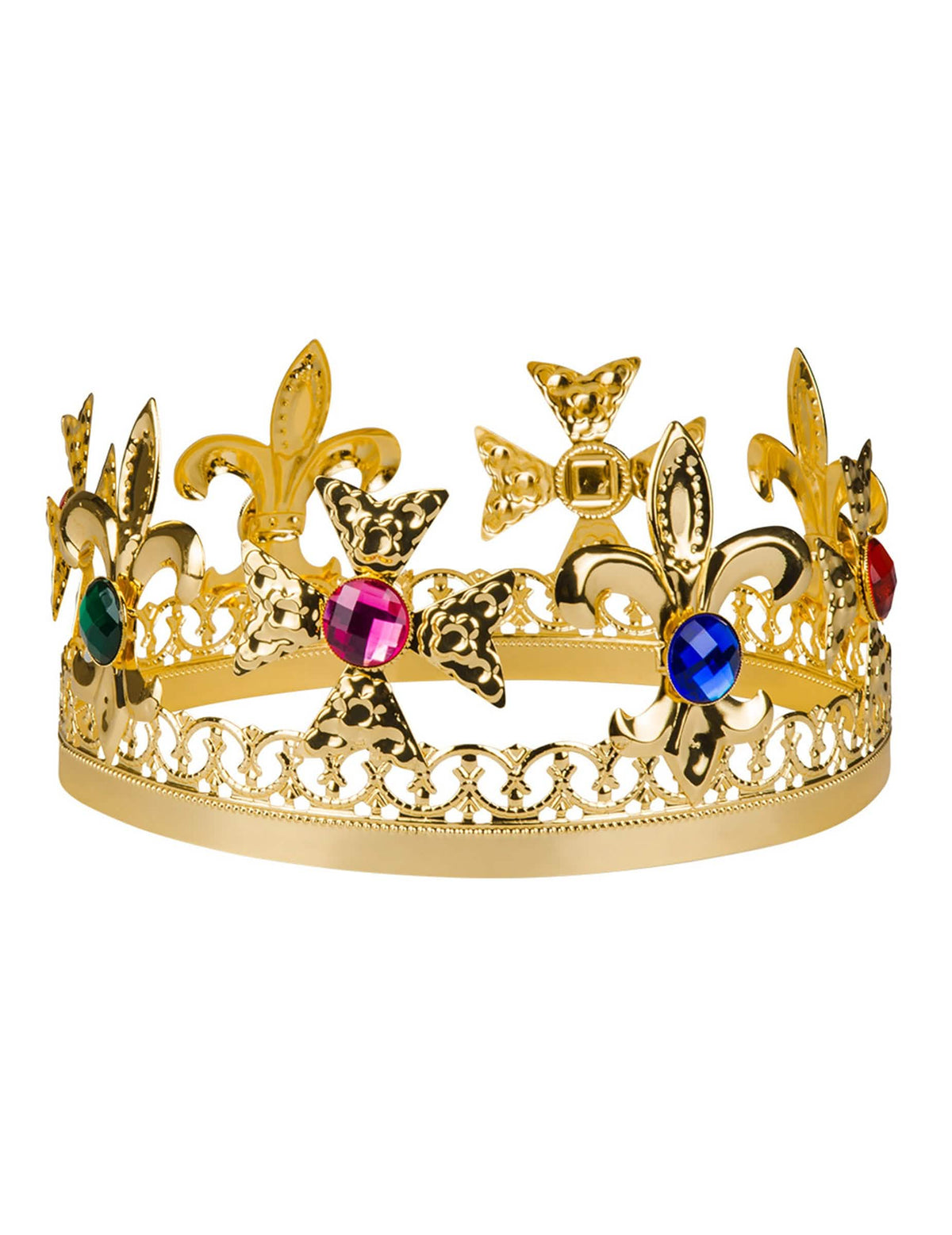 Detalhe das joias coloridas e dos ornamentos da coroa de rei com falsas joias