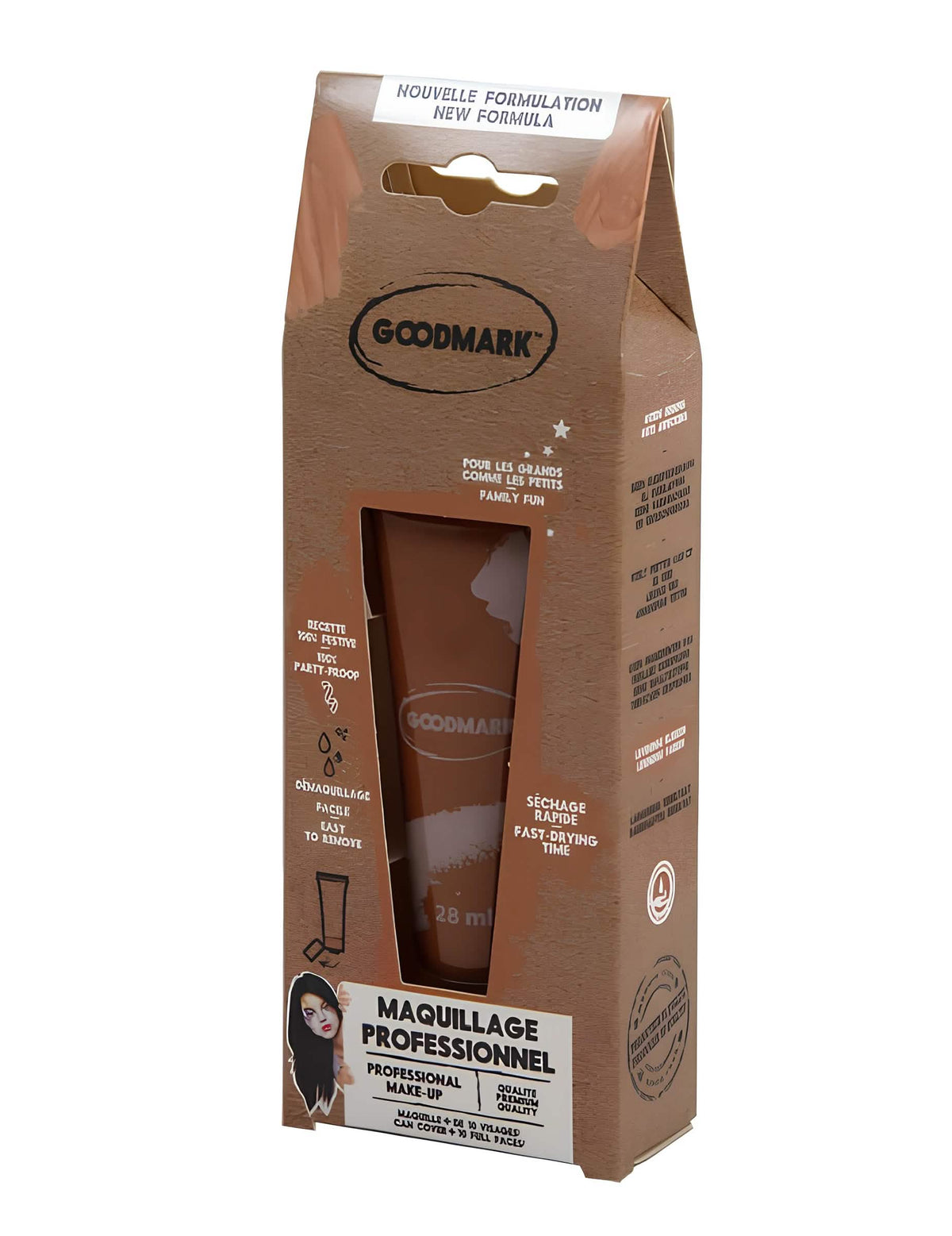 Vista de três quartos da embalagem da creme de maquilhagem à água profissional castanho