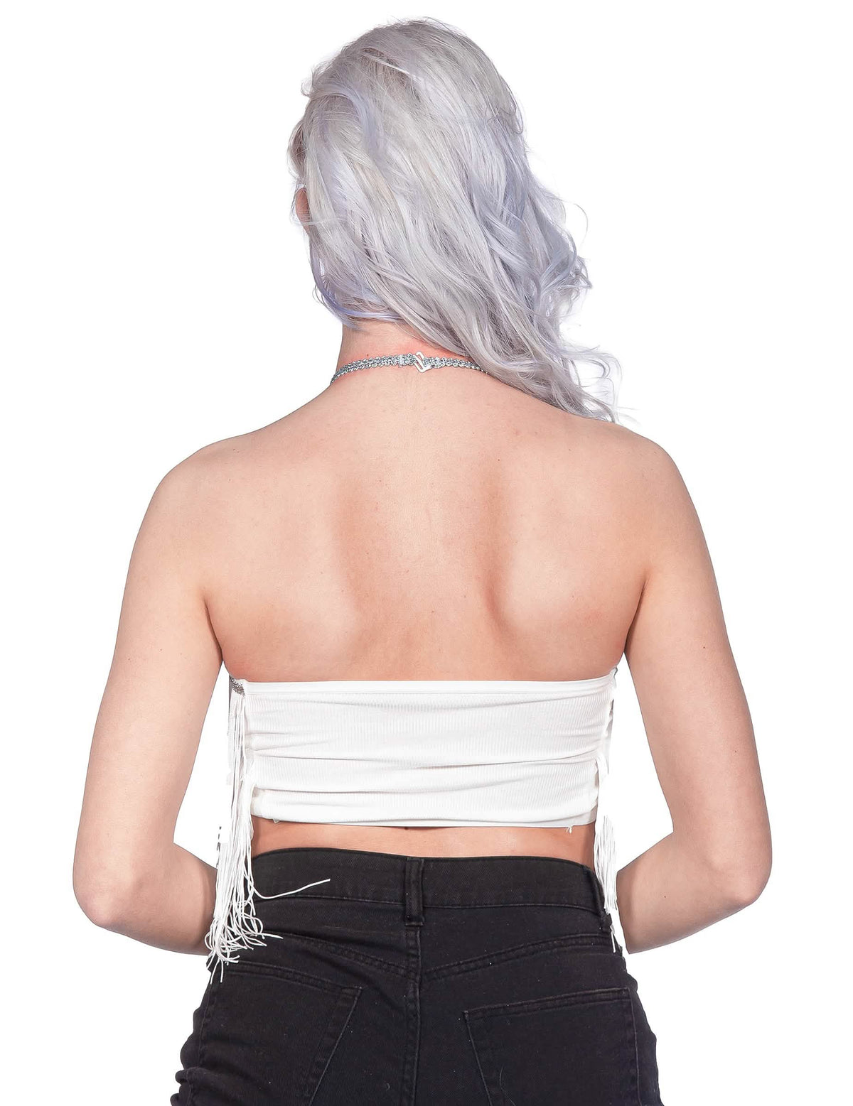 Crop-top festival de franjas branco mulher