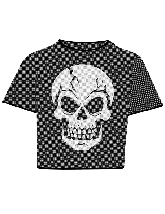 Crop top de rede preto com caveira para adulto