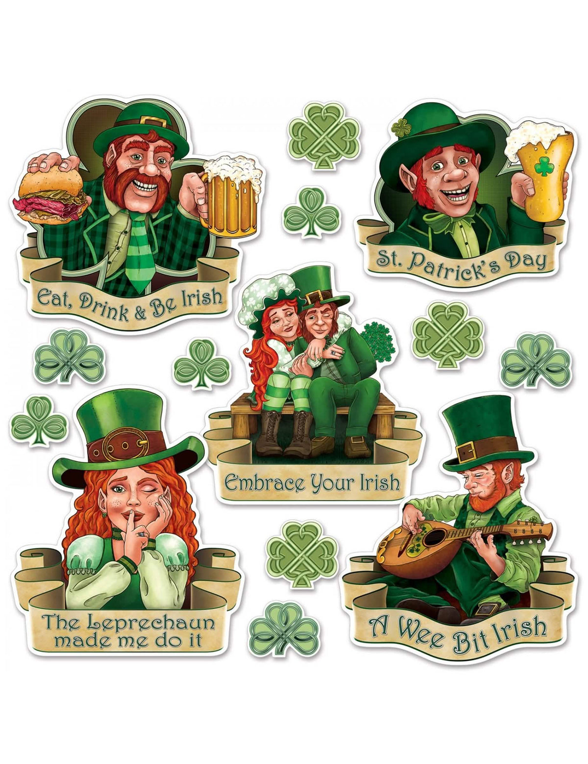 Recortes de cartão dia de são patrício para decoração de festa verde com ilustrações de leprechauns