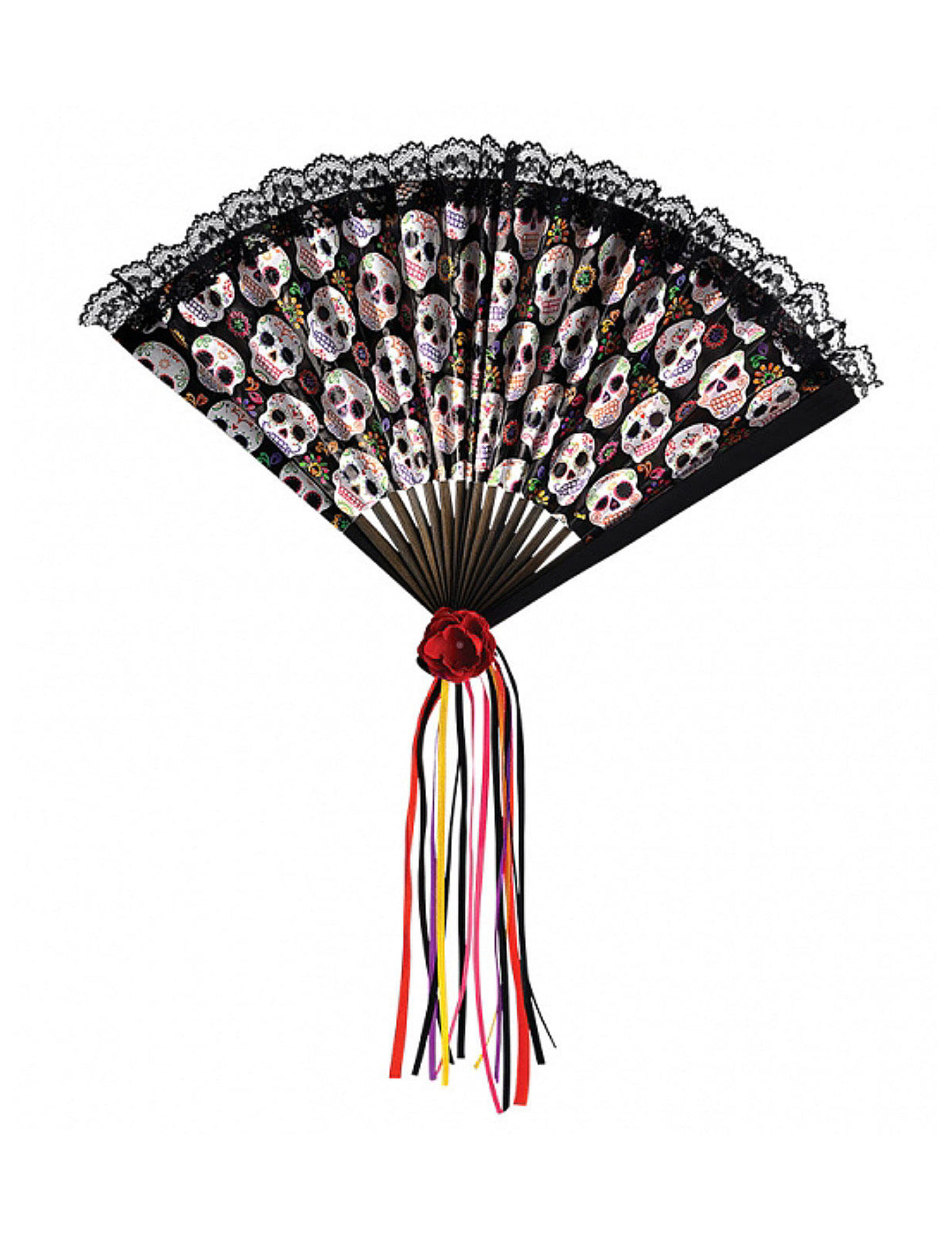 Eventail Dia de los muertos pour adulte noir avec dentelle et rubans colorés