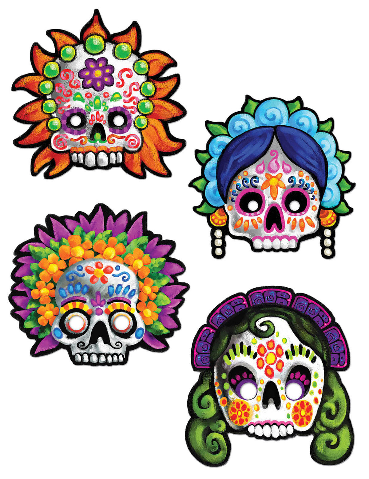 4 masques décoratifs Dia de los muertos multicolores