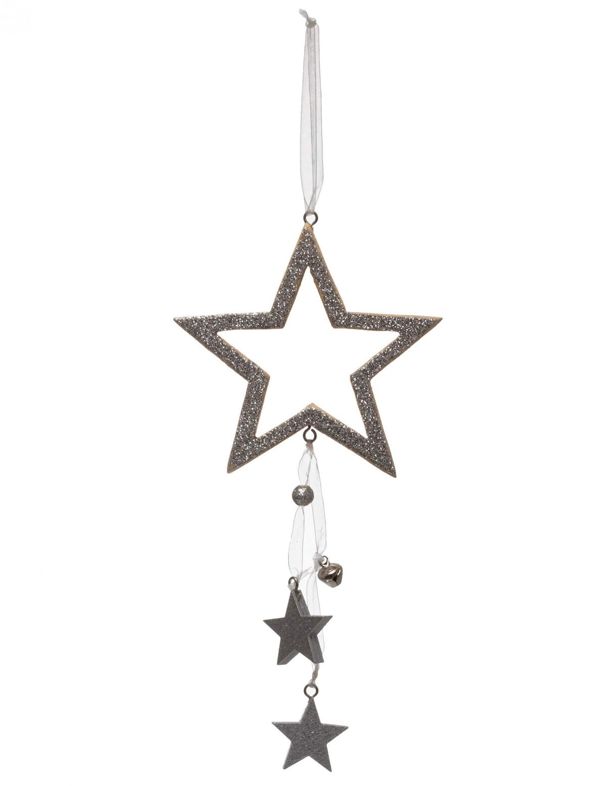 Decoração suspensa estrela prateada com lantejoulas e guizos
