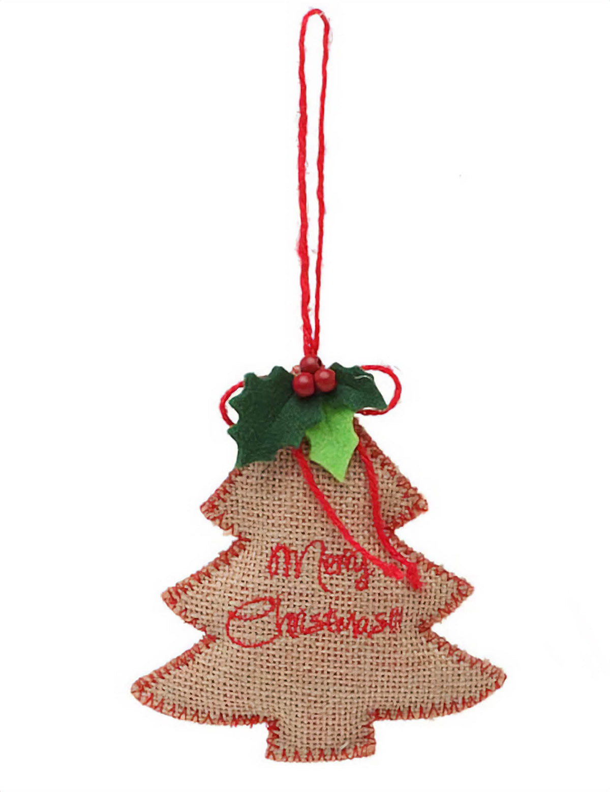 Suspensão de árvore Merry Christmas para decoração de festa em tecido de juta bege e vermelho