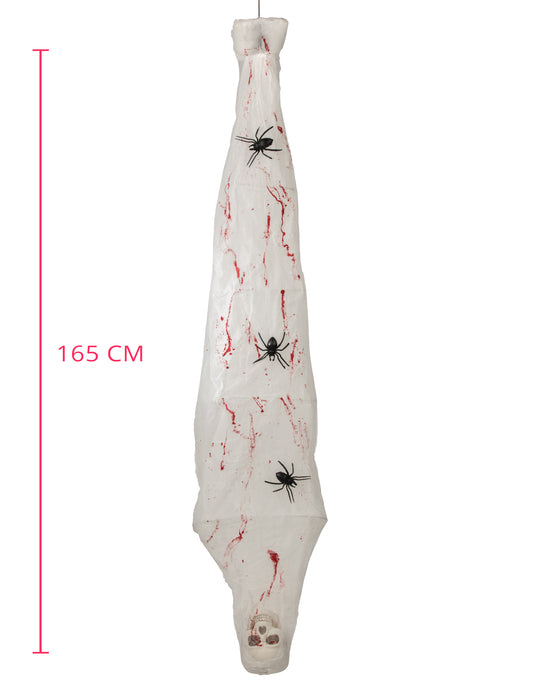 Decoração animada suspensa casulo de aranha com corpo aprisionado 165 cm