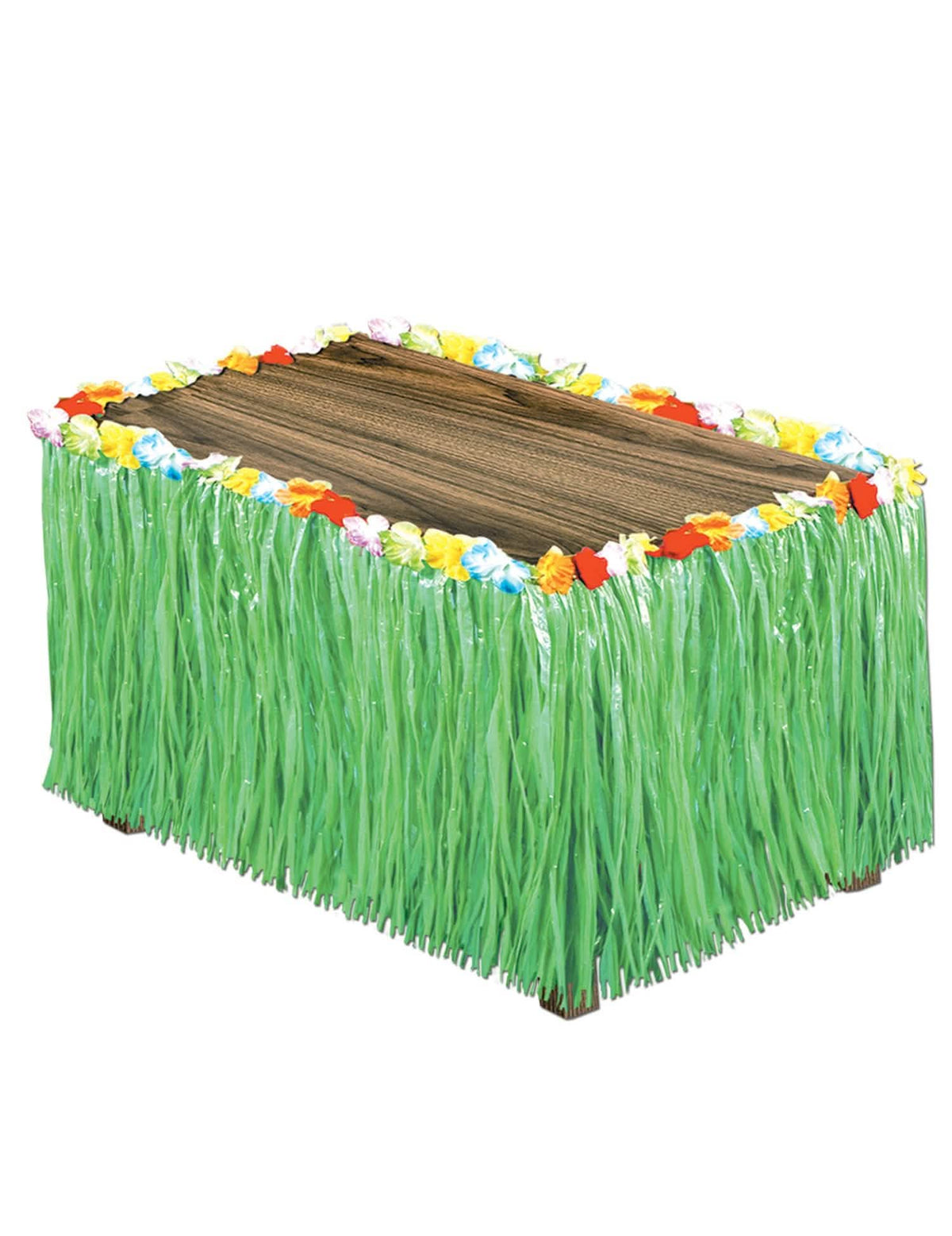 Saia de mesa havaí verde com rebordo de flores multicoloridas