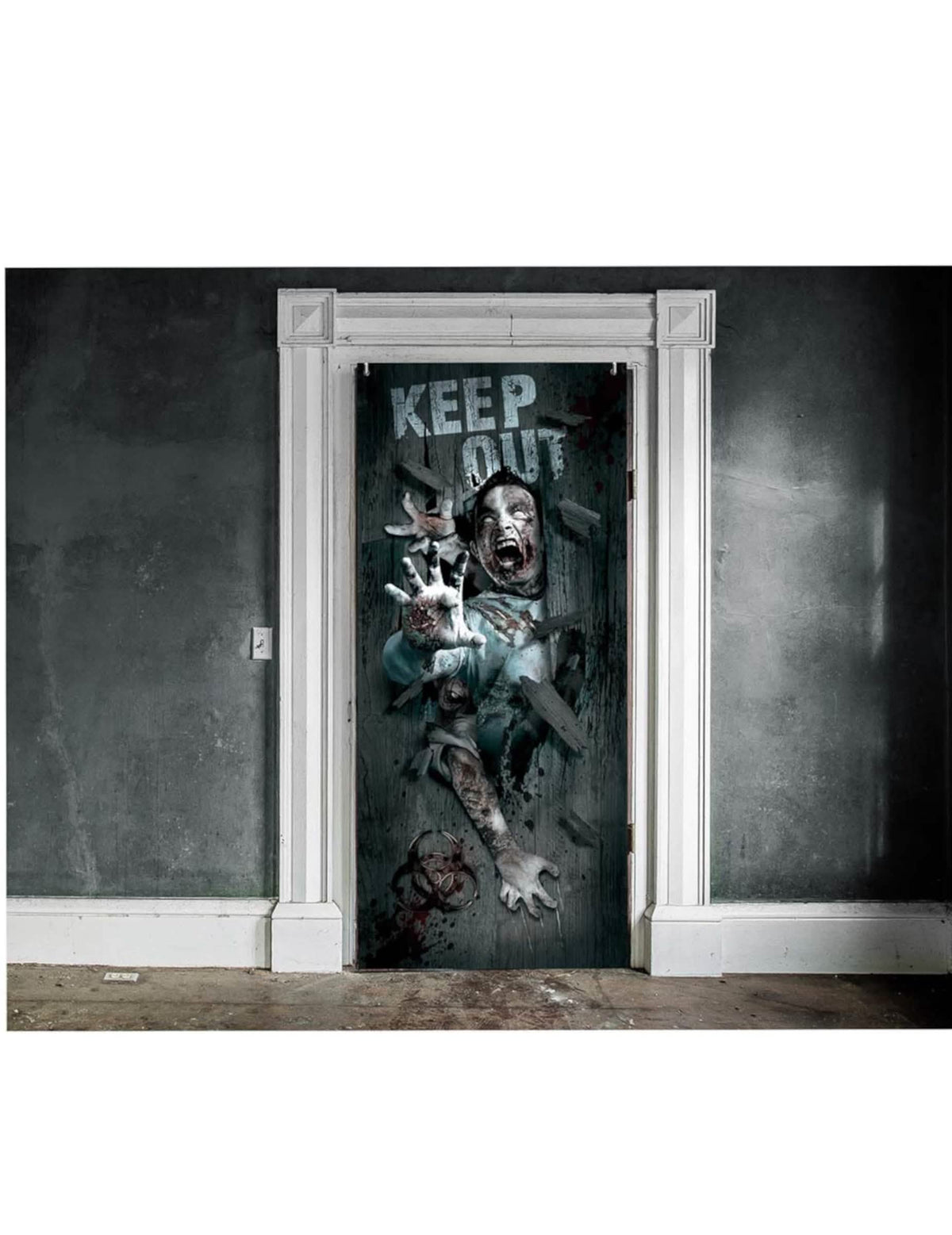 Decoração de porta halloween zombie cinzenta com a mensagem Keep Out e mãos ensanguentadas