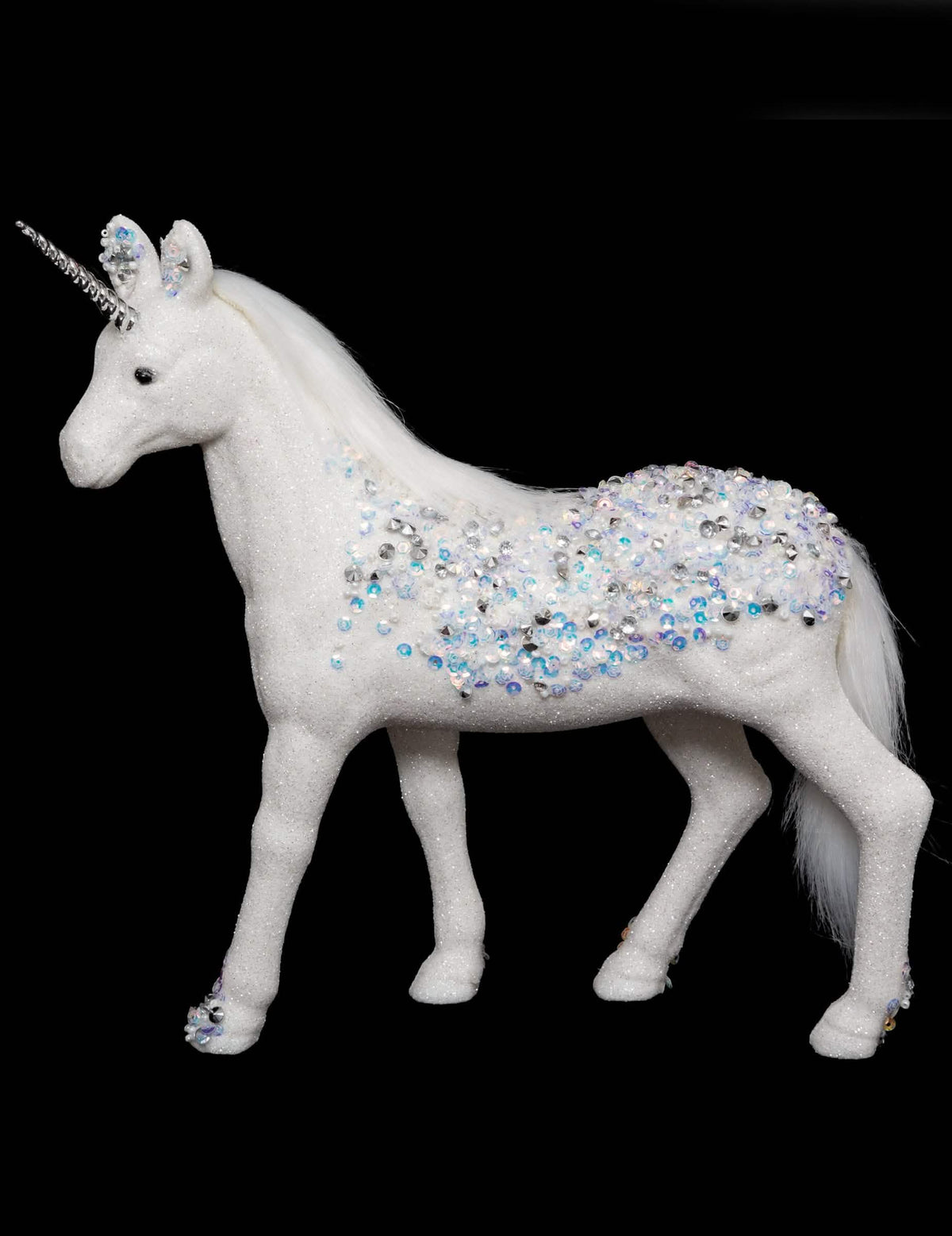 Decoração de unicórnio branca com strass azul e prateado