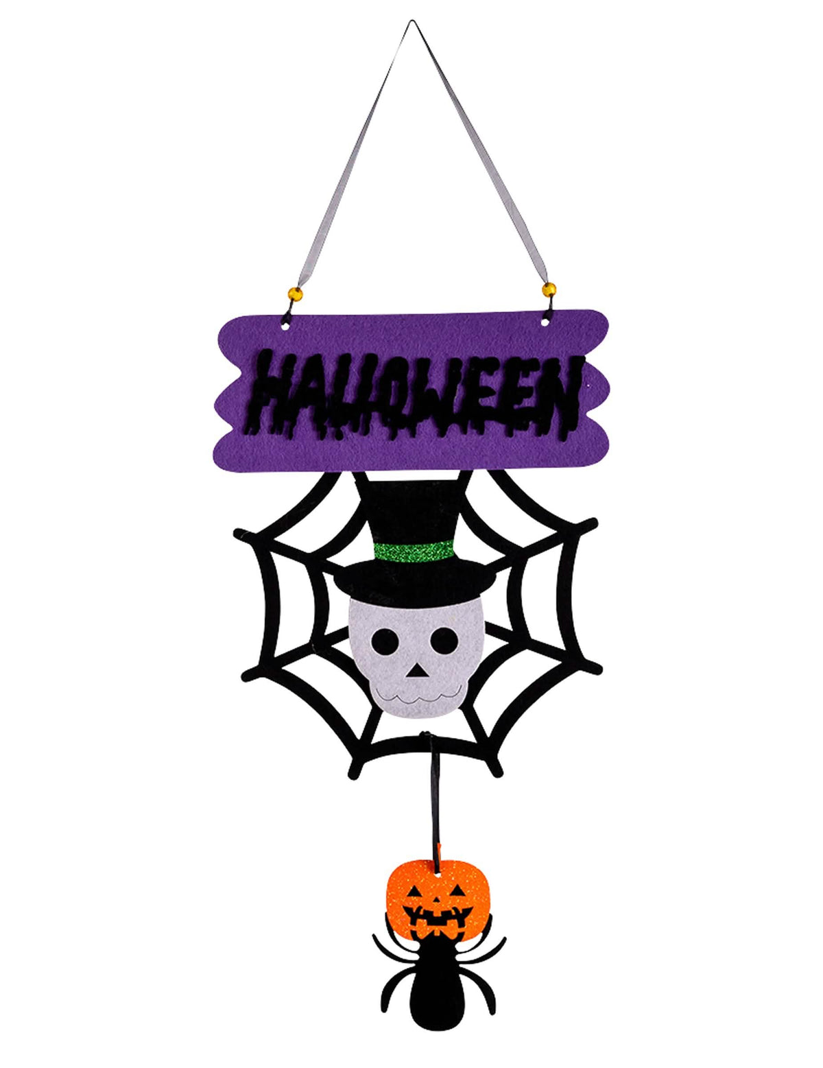 Decoração de pequeno esqueleto para halloween roxa e preta com teia de aranha e abóbora