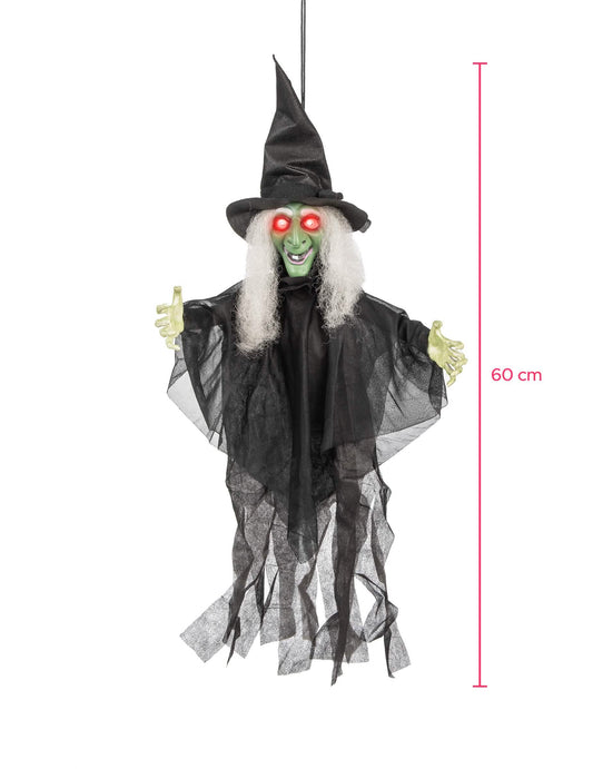 Dimensões da decoração de bruxa animada, luminosa e falante para halloween