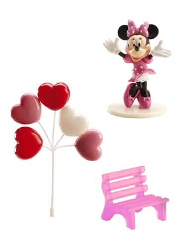 Kit de decorações para bolos Minnie com figura banco cor de rosa e balões corações