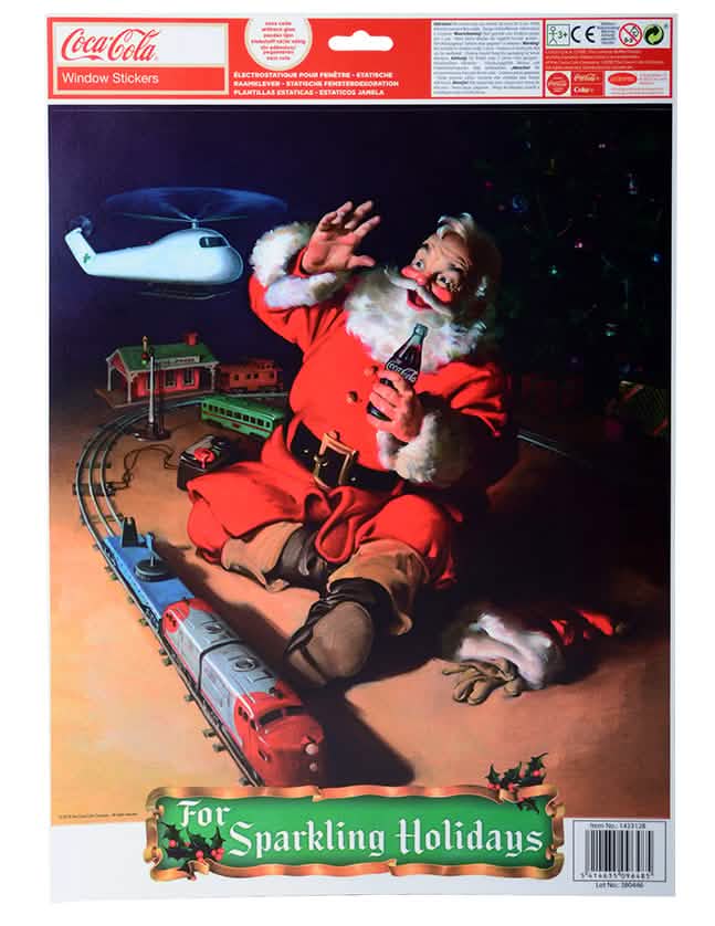 Detalhe do visual do pai natal no comboio elétrico das decorações para janelas Coca-Cola™ e pai natal