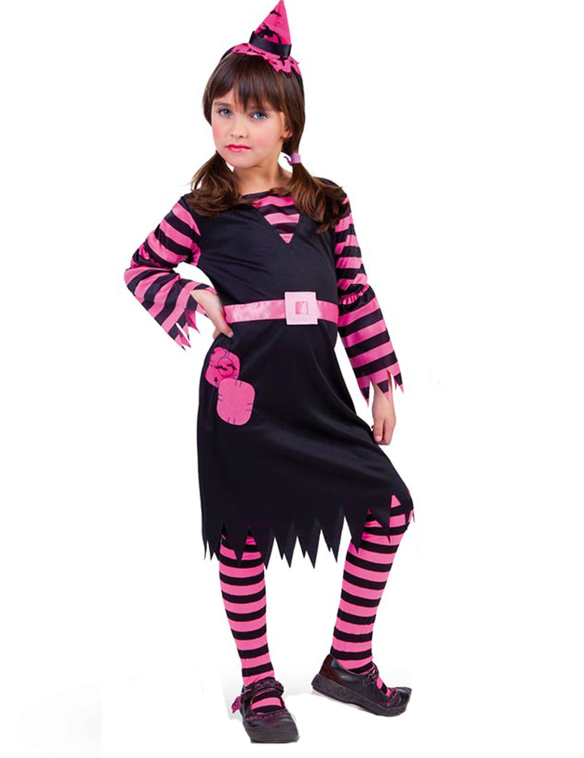 Déguisement de sorcière pour fille noir et rose avec chapeau et rayures
