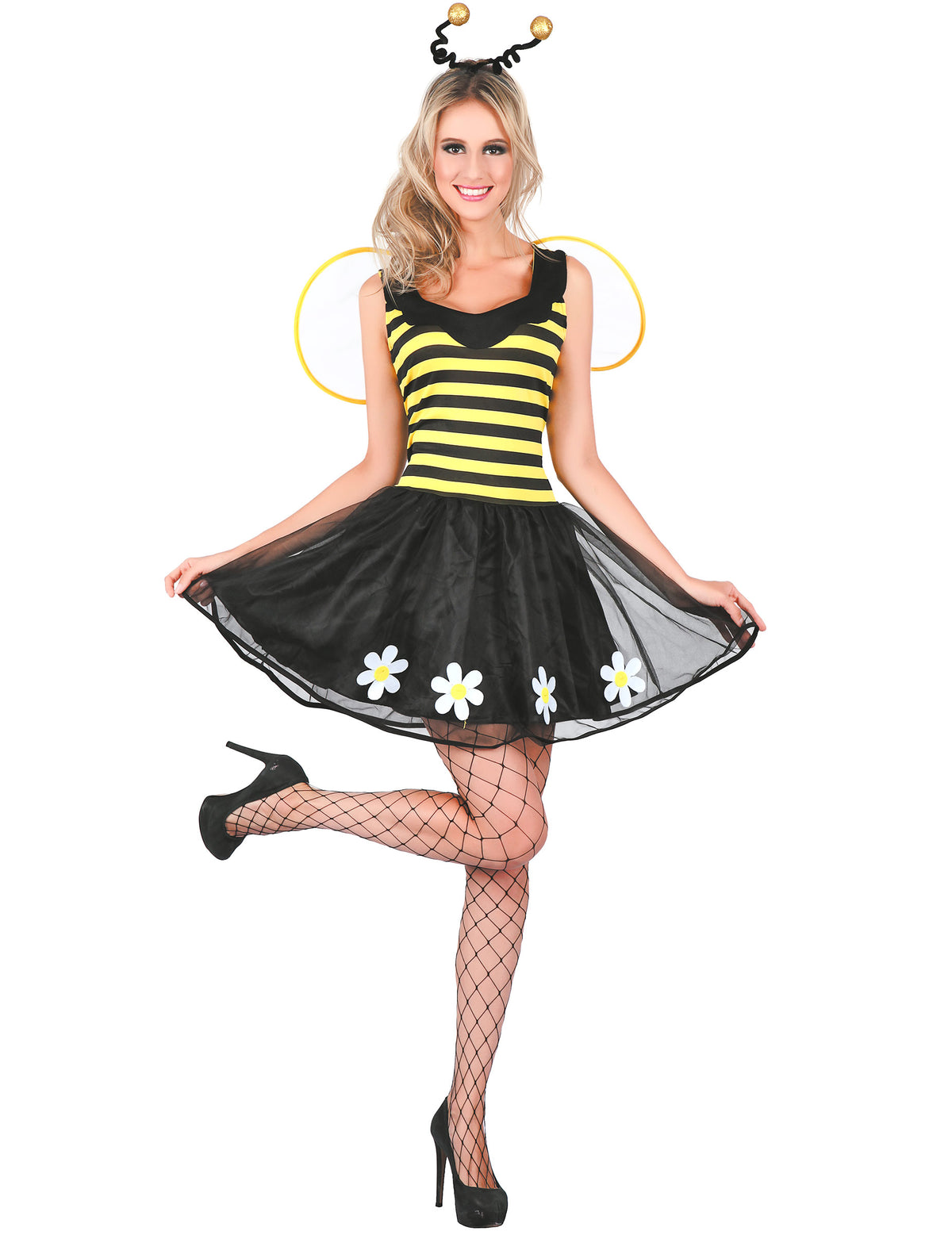Déguisement d'abeille pour femme jaune et noir avec ailes et serre-tête