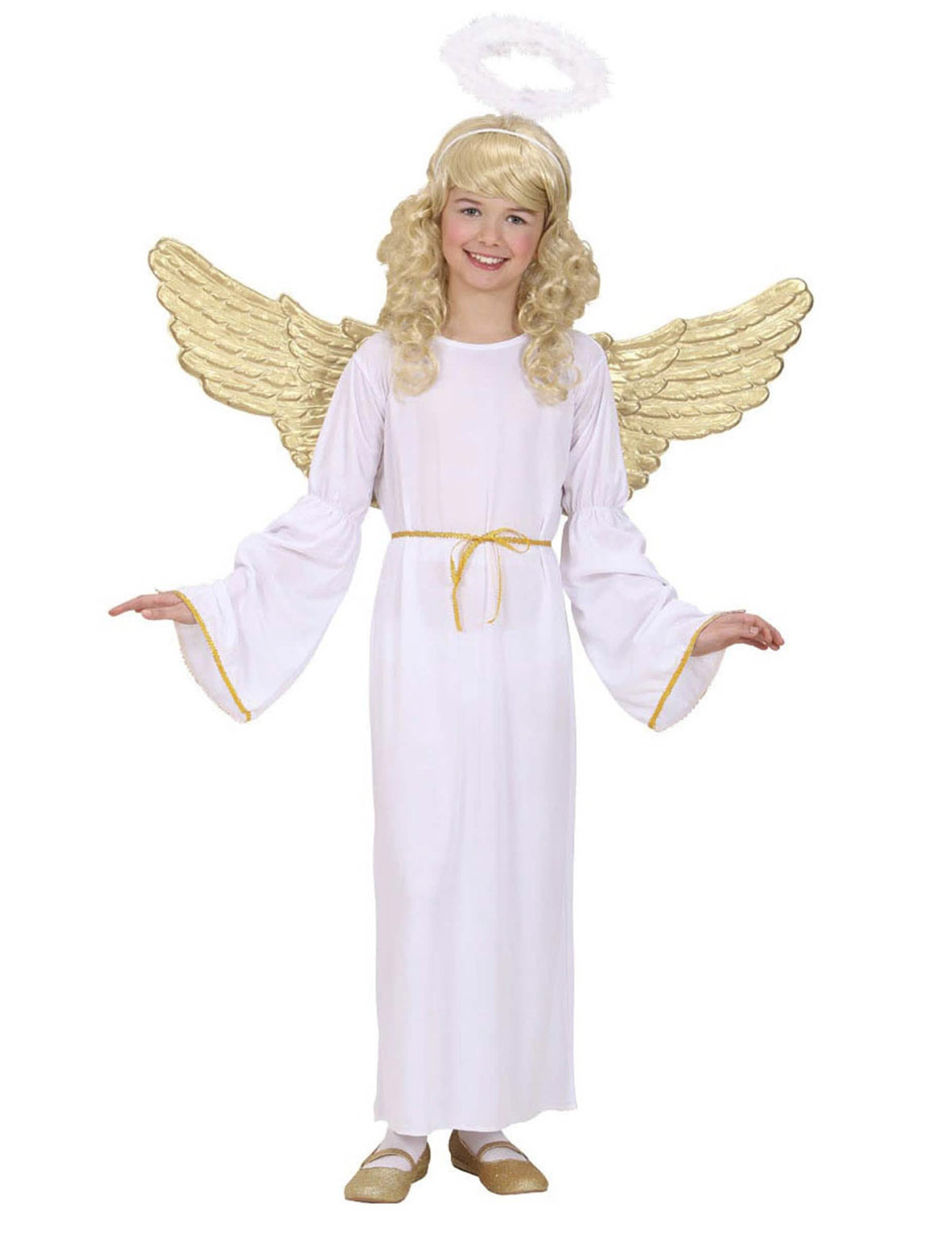 Fato de anjo dourado para criança branco e dourado com asas e auréola