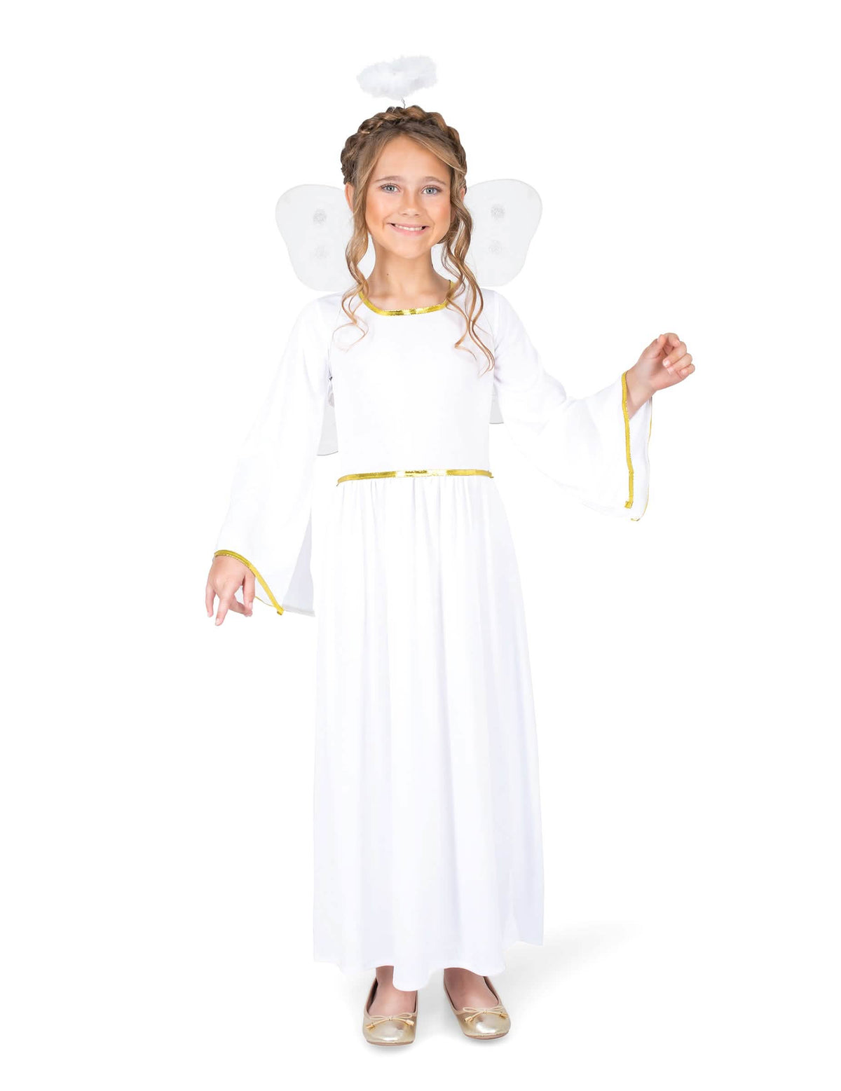 Déguisamento de anjo do céu para menina branco e dourado com asas e auréola