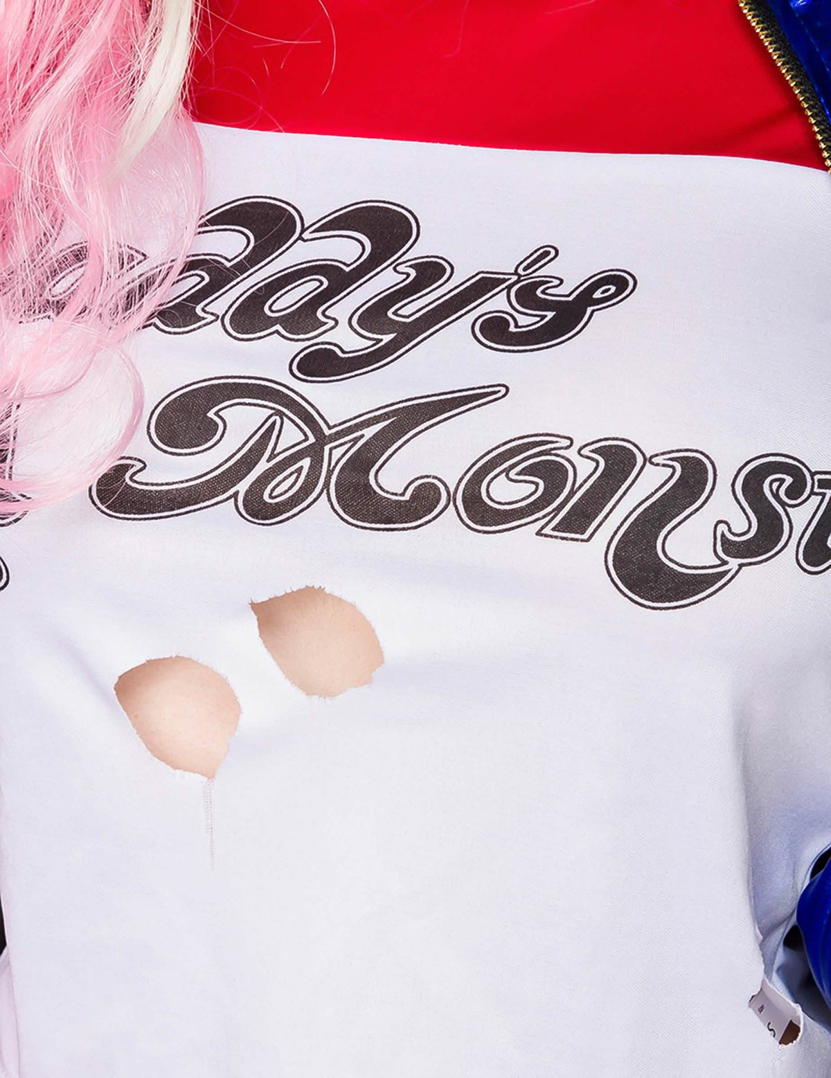 Fato de arlequim louco sexy luxo para mulher branco vermelho e azul com inscrição