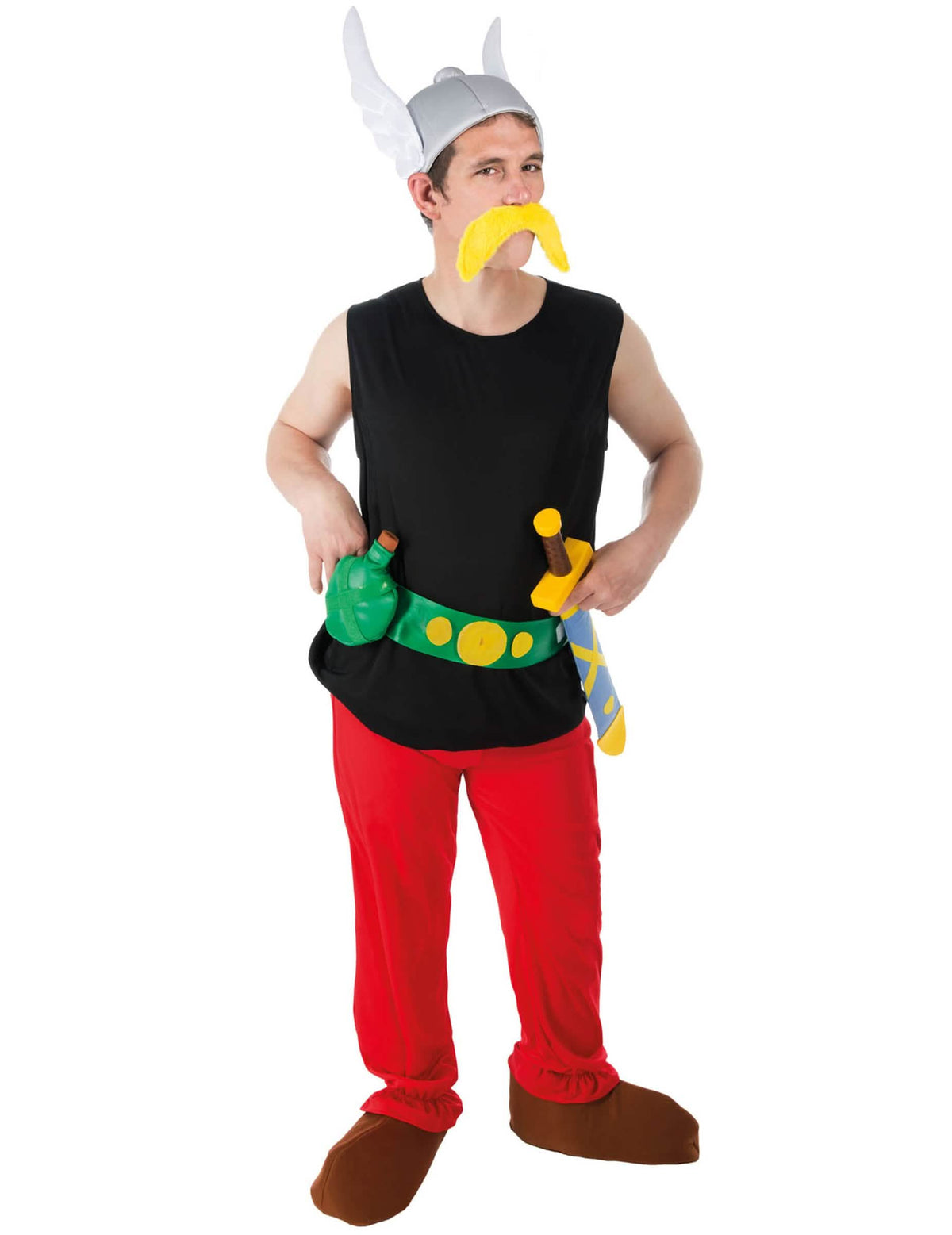 Fato de Astérix para adulto preto e vermelho com capacete alado e bigode amarelo