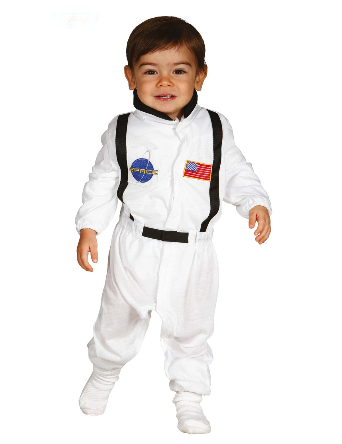Déguisement astronaute pour bébé blanc avec écussons et bretelles noires