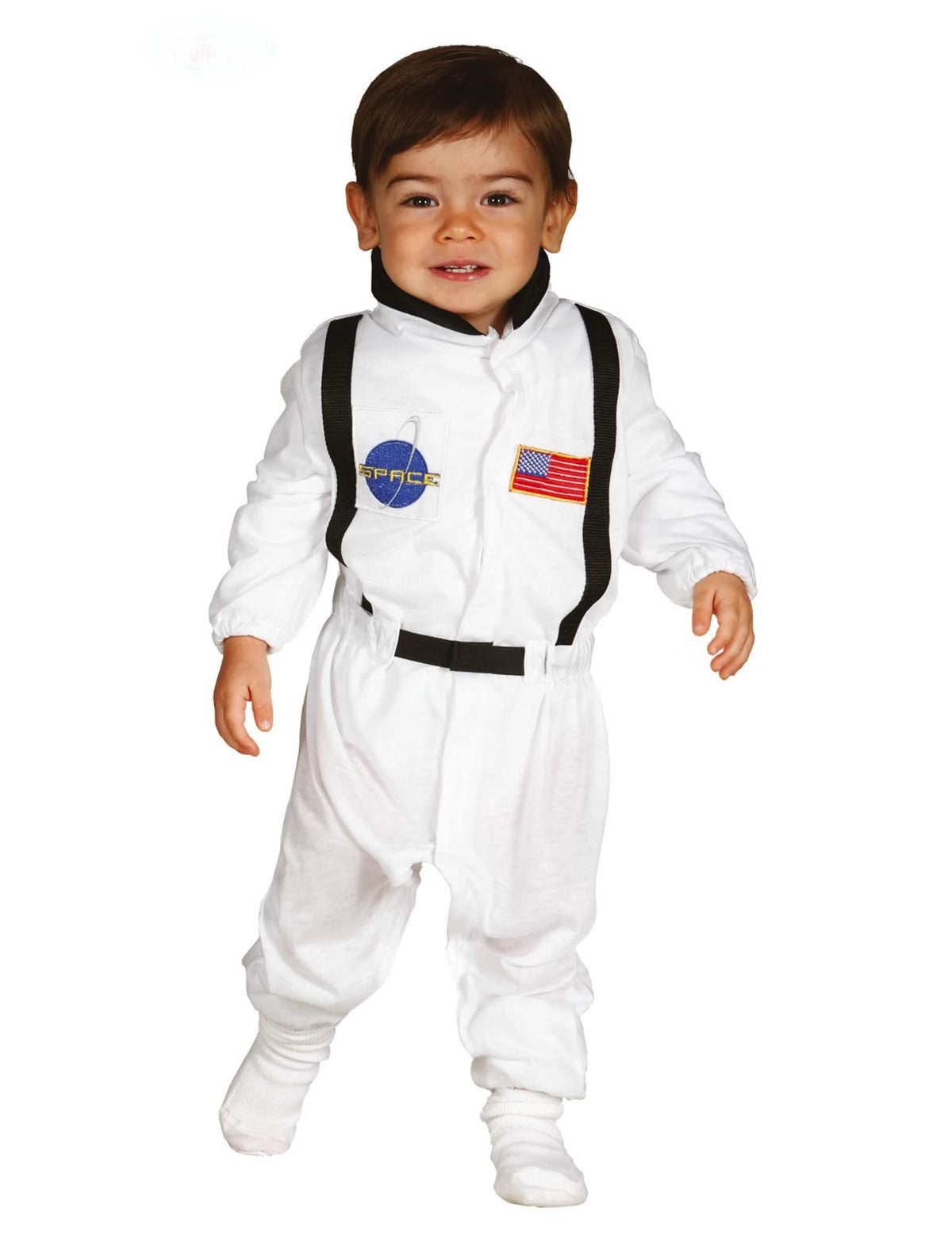 Déguisement astronaute pour bébé blanc avec écussons et bretelles noires