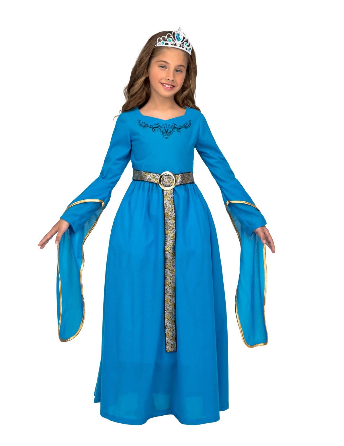 Fato de princesa medieval para menina azul com diadema