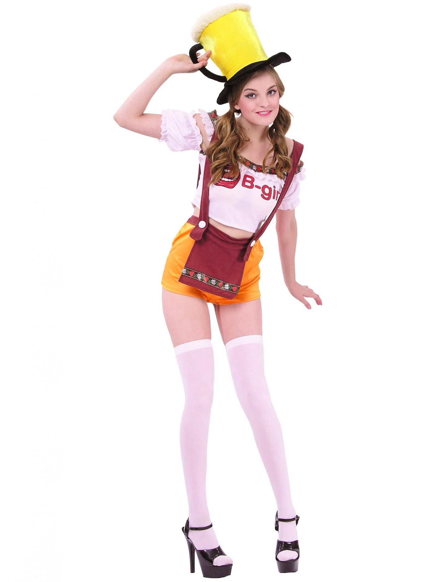 Déguisement bavaroise short sexy pour femme blanc et orange avec chapeau chope de bière