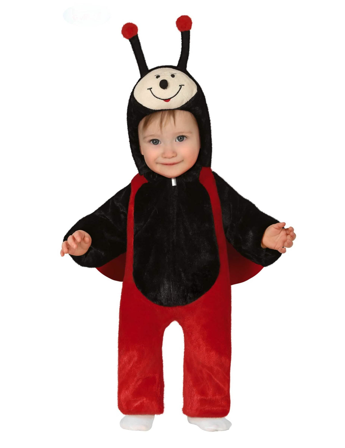 Fato de joaninha para bebé vermelho e preto em pelúcia com capuz com antenas