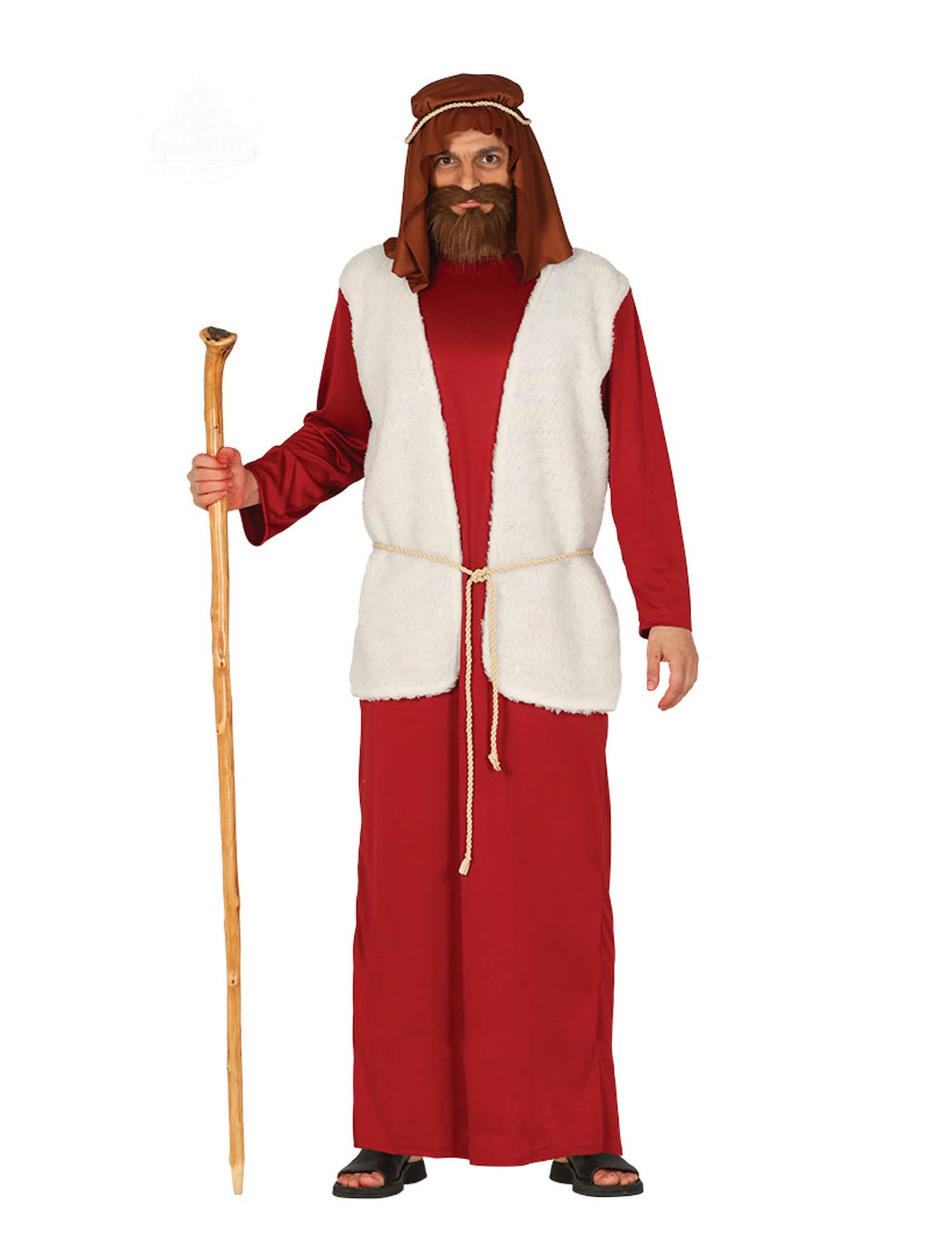 Fato de pastor para adulto vermelho com colete branco e toucado castanho