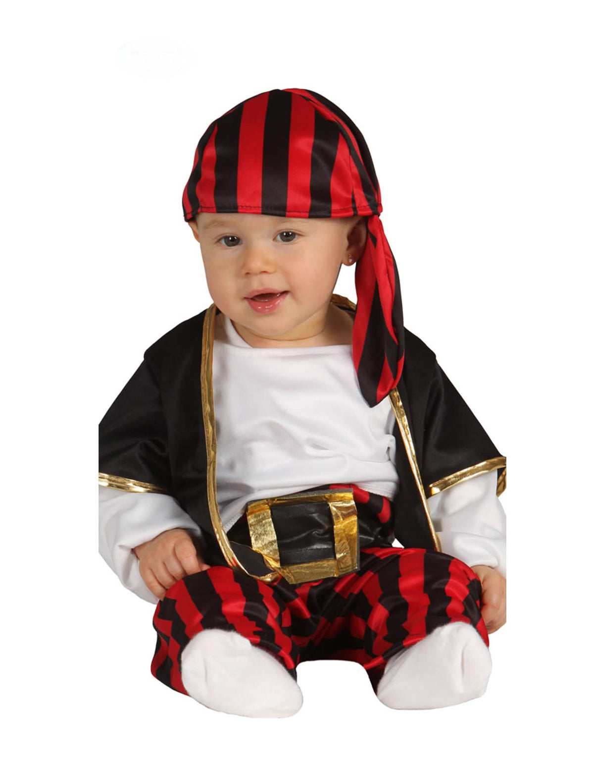 Fato de capitão dos piratas para bebé preto e vermelho com bandana às riscas
