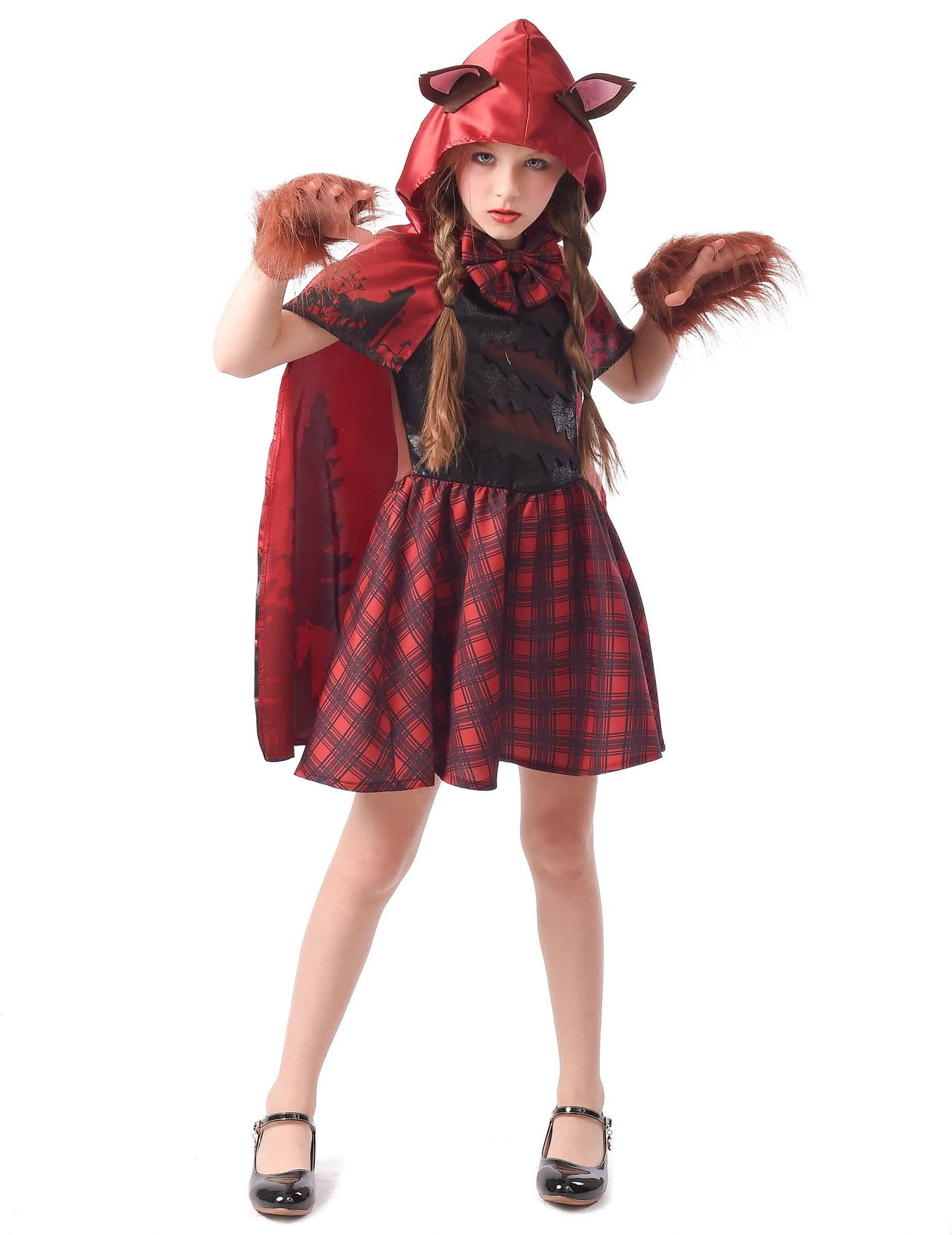Fato de menina capuchinho lobo garou vermelho e preto com capa com capuz e pelo