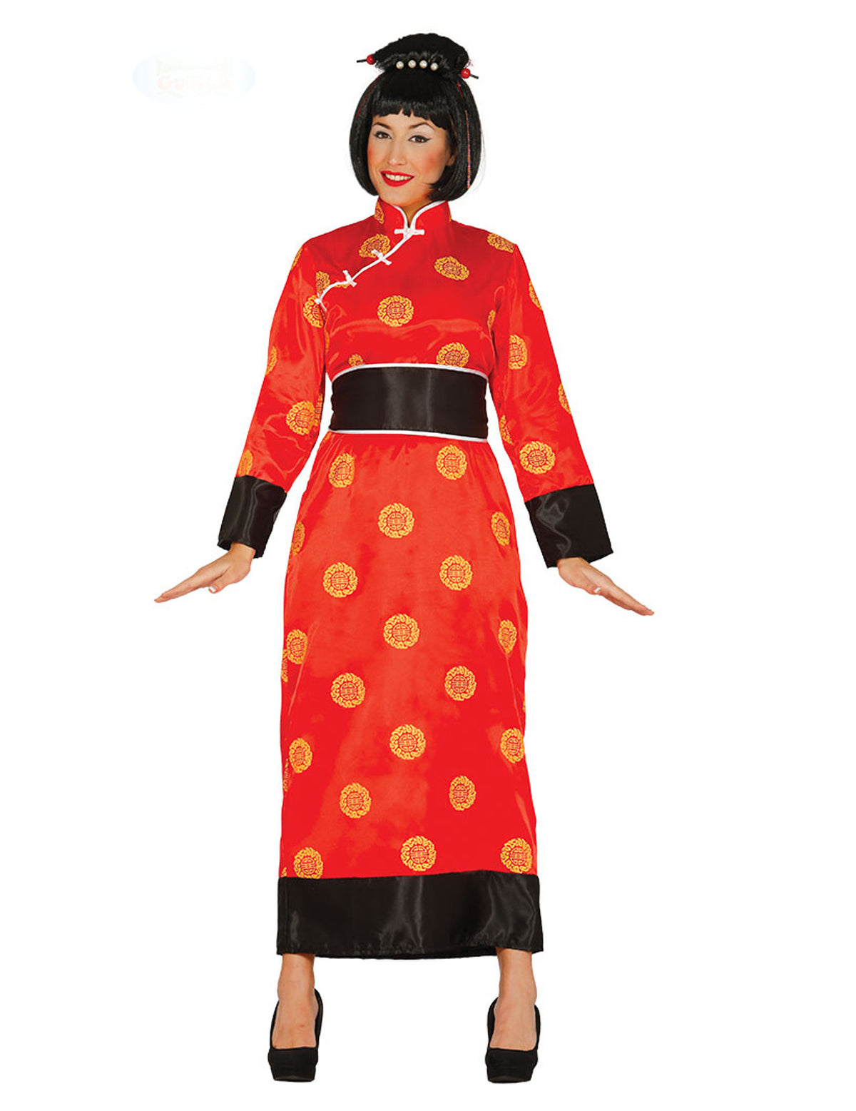 Déguisement de chinoise pour femme rouge à motifs dorés et ceinture noire