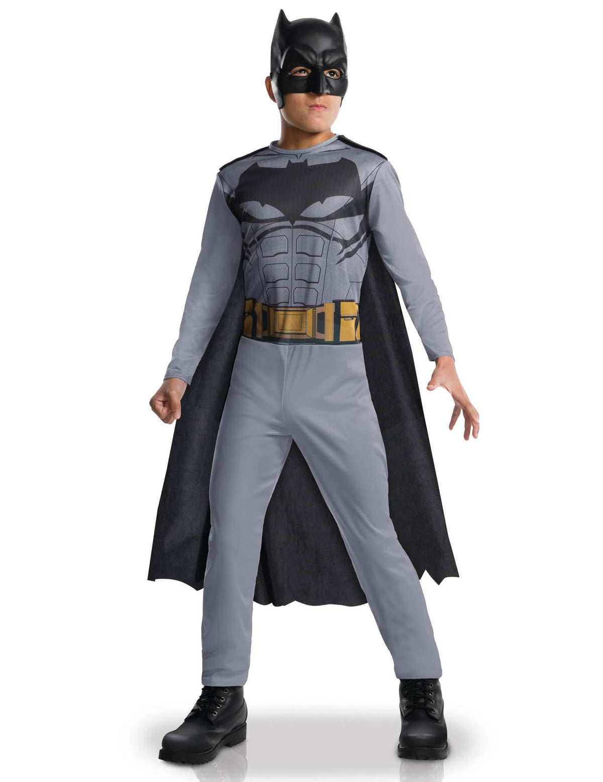 Fato Batman Ligua dos justiceiros para menino cinzento e preto com capa e máscara