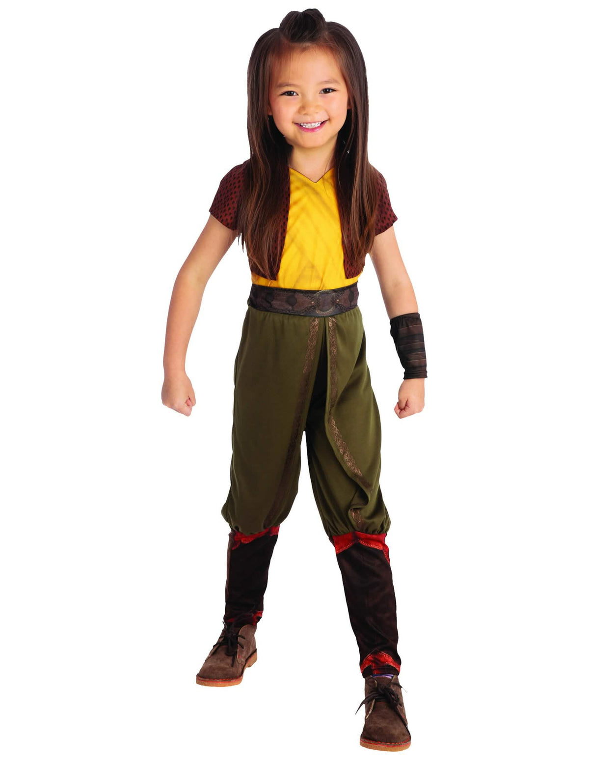 Fato clássico da Raya para menina amarelo e verde com cinto