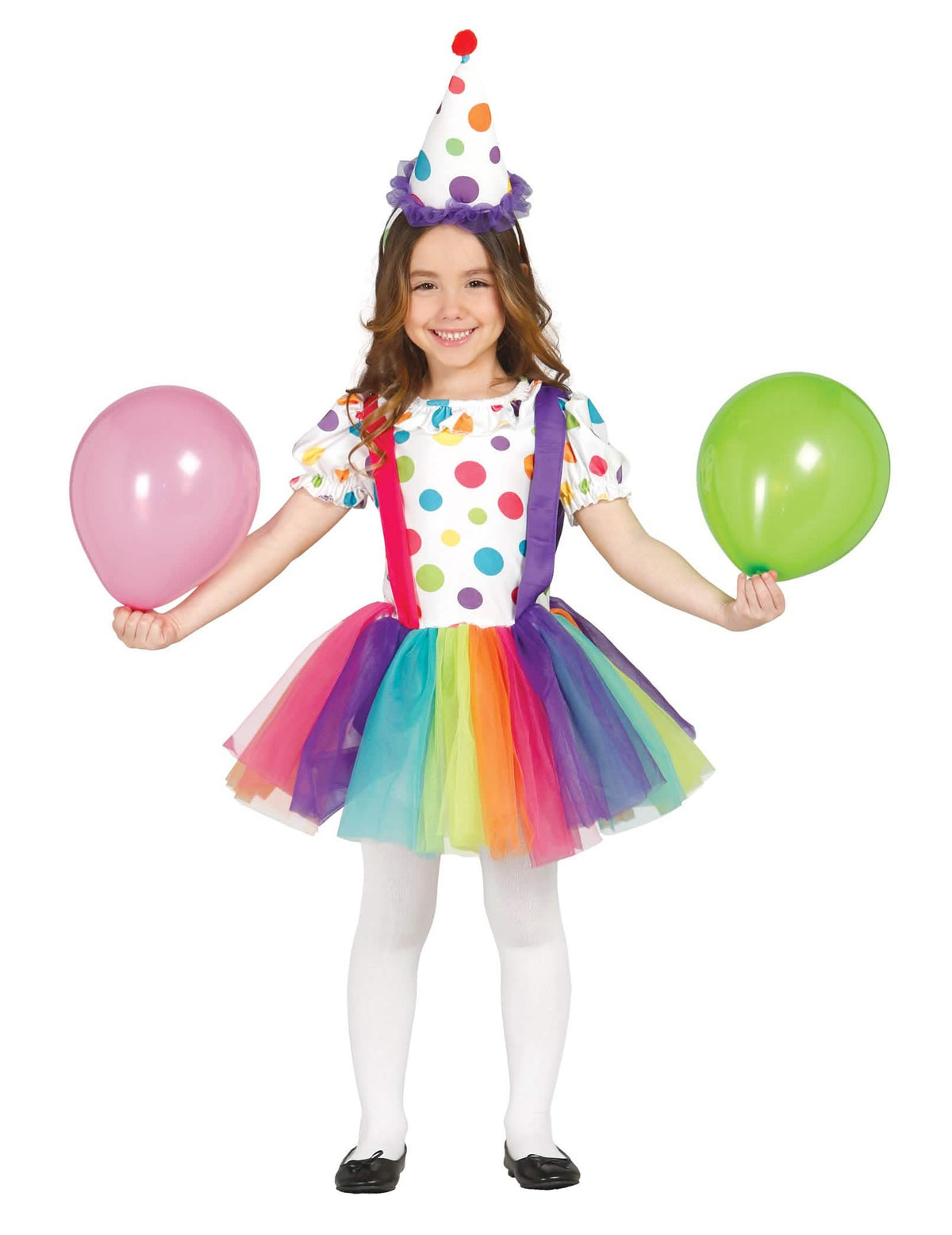 Fato de palhaço às bolinhas e tutu para menina multicores com chapéu a condizer