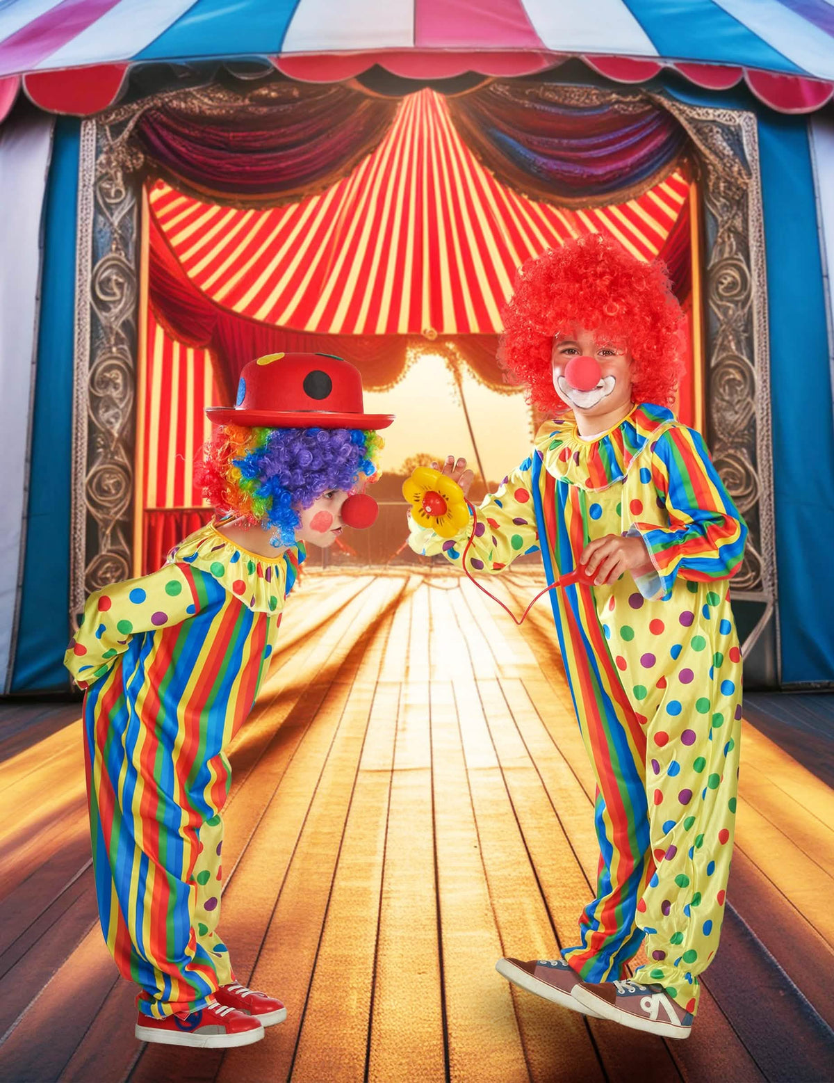 Encenação num cenário de circo do disfarce de palhaço colorido para criança