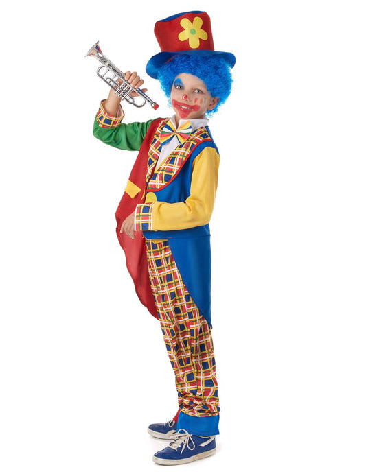 Vue de profil avec trompette du déguisement de clown joyeux pour enfant