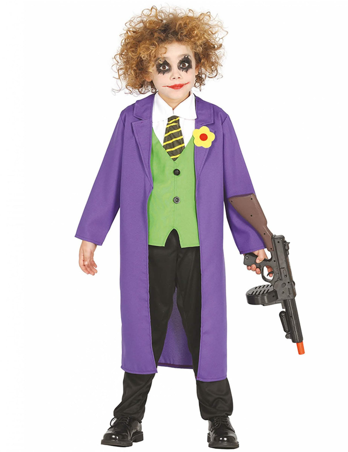 Fato de palhaço joker louco para criança roxo e verde com casaco longo