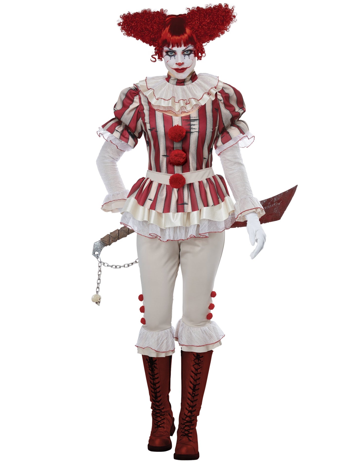 Déguisement clown psycho rayé luxe pour femme rouge et blanc