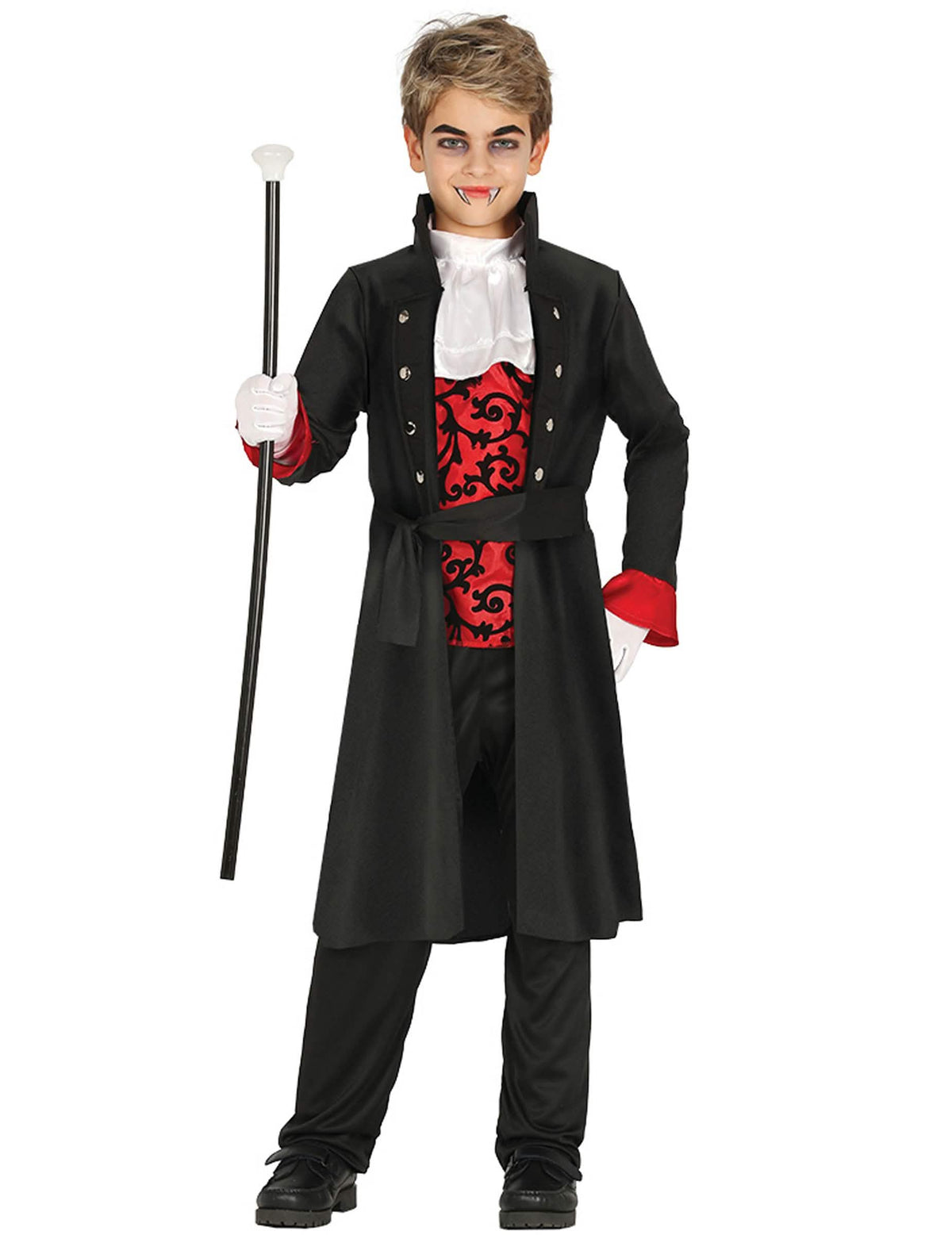 Fato de conde vampiro para menino preto e vermelho com colete com motivos
