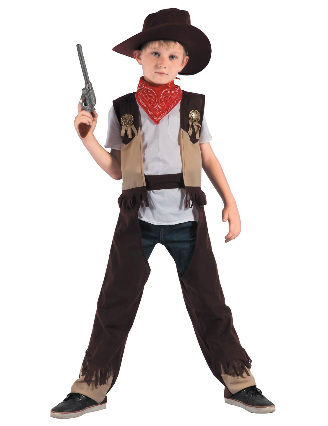 Fato de cowboy de rodeo para menino castanho e bege com chapéu e bandana vermelha