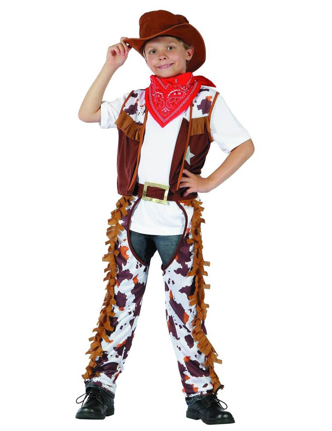 Fato de cowboy xerife para menino castanho e branco com padrão vaca